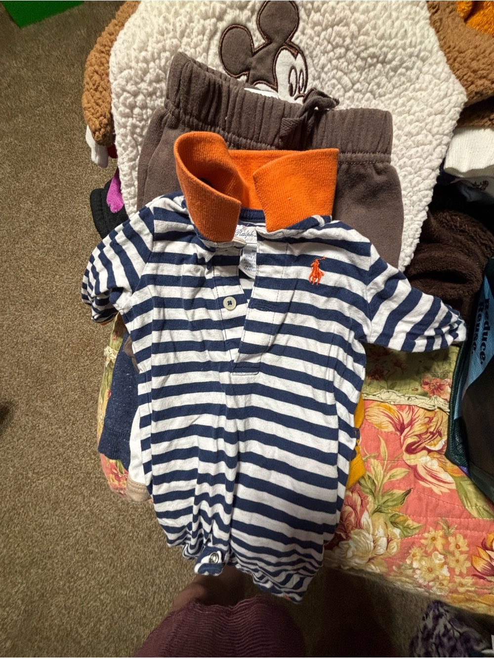 Polo by Ralph Lauren Navy & White Striped Footie with Orange Collar